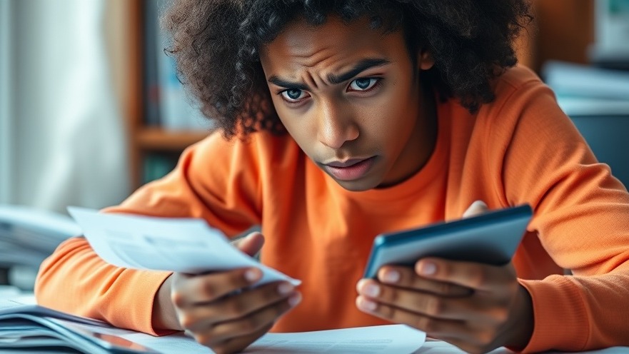 Concerned young adult facing student loan default consequences with bills and calculator.
