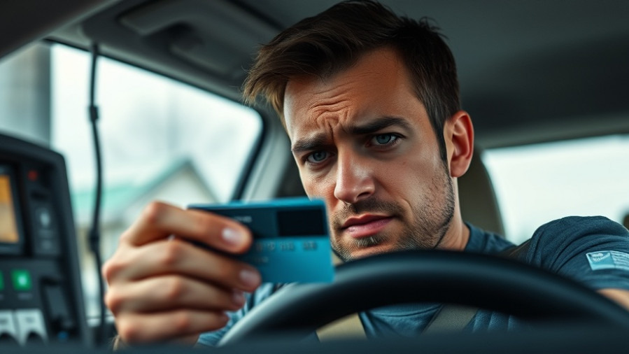 Frustrated driver assessing gas station fees while holding a credit card at a pump.