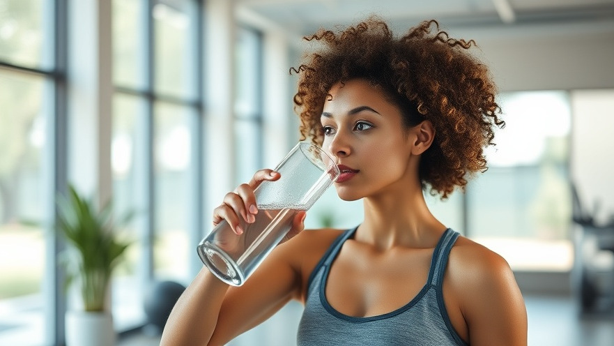 Woman with curly hair drinking water for constipation relief in bright gym.