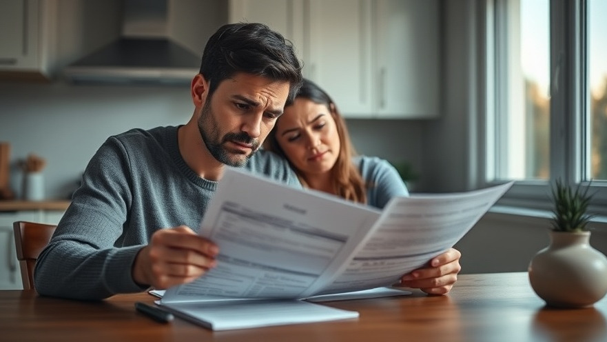 Worried couple reviewing mortgage documents, highlighting interest rates unpredictability.