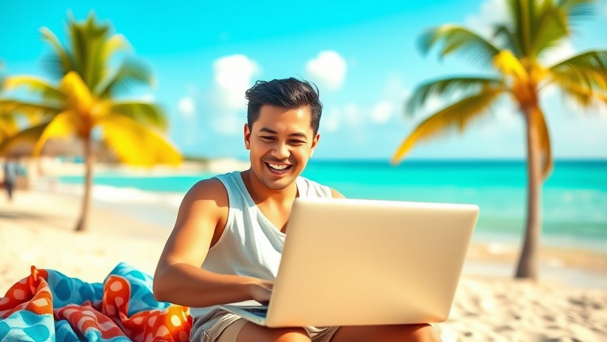 Young professional enjoying digital nomad jobs on a beach with turquoise waters.