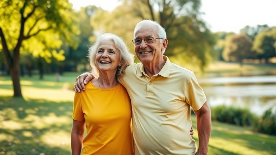 Middle-aged couple enjoying financial independence in a sunny park.