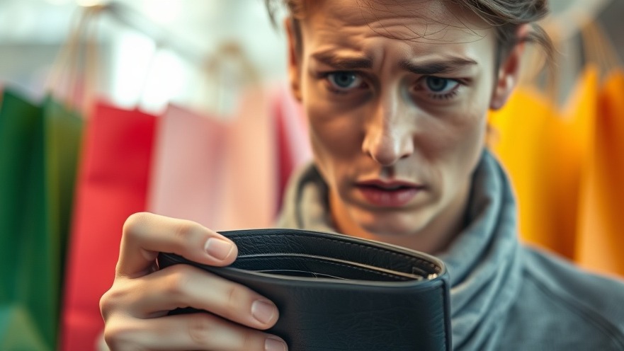 Worried person with empty wallet amidst colorful shopping bags, highlighting impulse buying concerns.