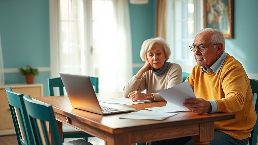 Retiree couple discussing Medicare costs and IRMAA at a vibrant dining table.
