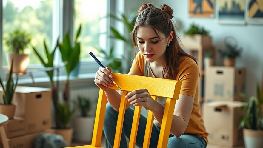Young woman painting a chair yellow, embracing budget-friendly home improvements.