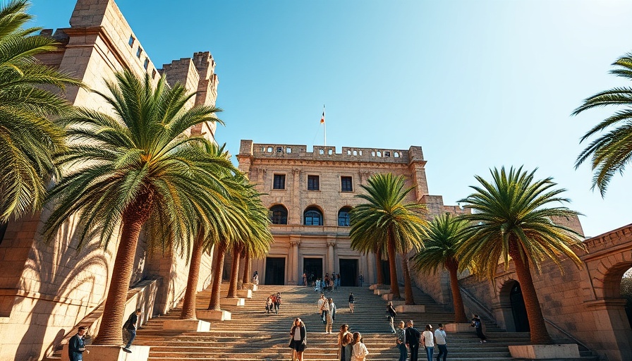 Halal wellness travel destination with ancient architecture and palm trees.