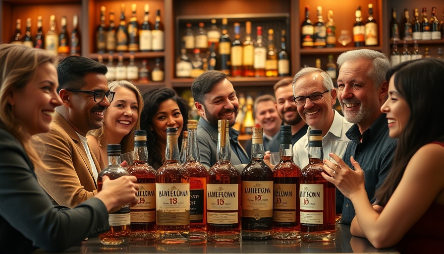 Diverse group gathered at bourbon networking events surrounded by premium bottles.