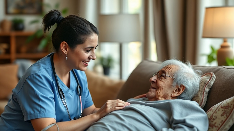 Caring health aide assisting a terminally ill patient at home.