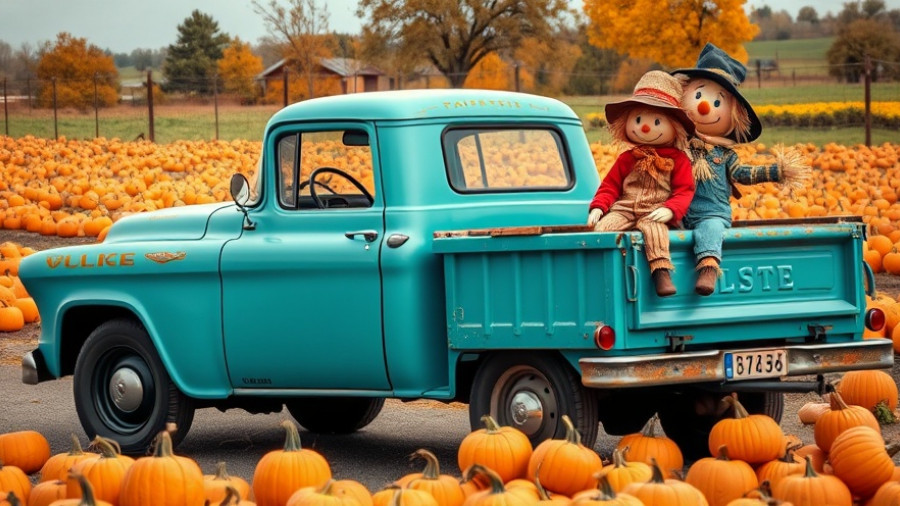 Teal truck and scarecrows in pumpkin patch at Colorado fall festival.
