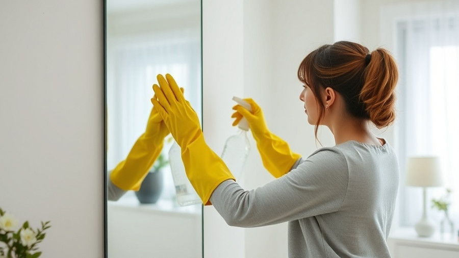 Young woman cleaning mirror with spray bottle for healthy clean home.