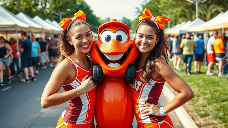 Two cheerleaders and a car mascot at an outdoor event, Durham's homeless pets