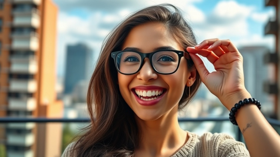 Smiling woman adjusting affordable prescription glasses.