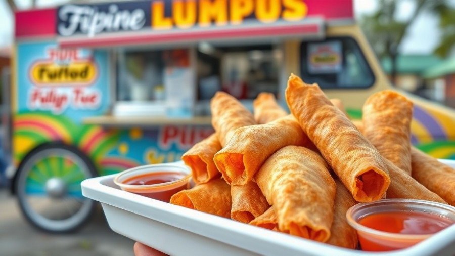 Crispy Filipino lumpia in the Triangle on a food truck tray.