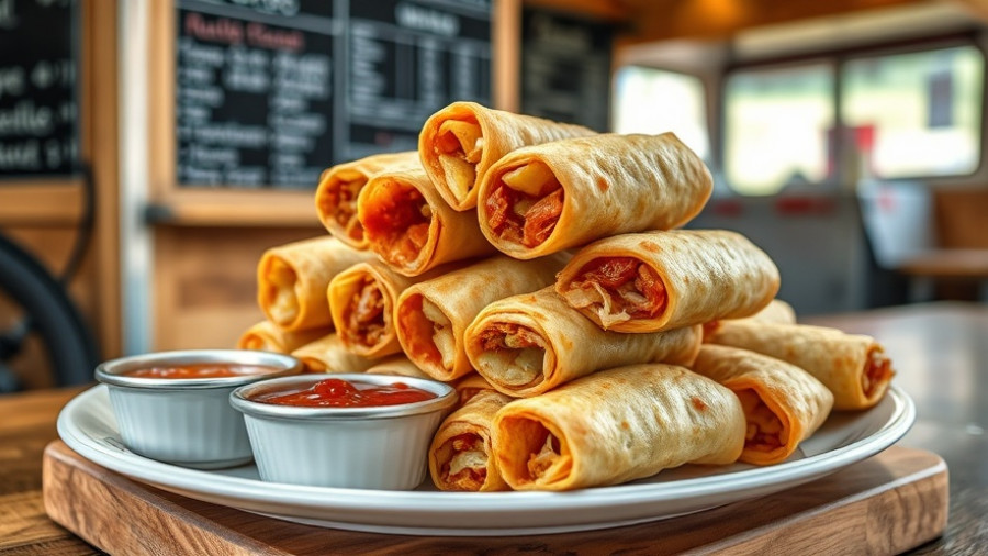 Plate of crispy Filipino lumpia with sauces near food truck menu.
