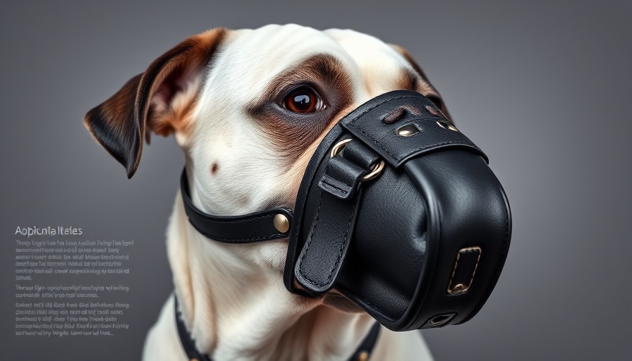 Close-up of dog wearing a leather muzzle, informational graphic on muzzles.