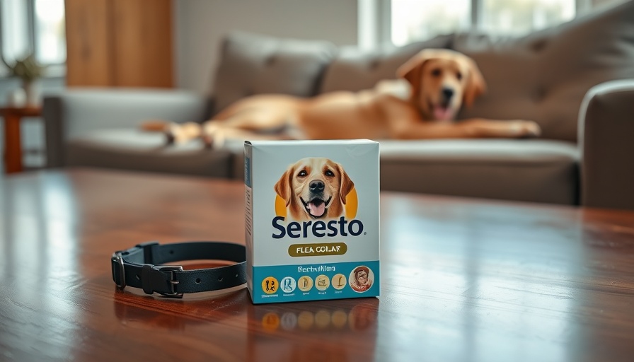 Seresto flea collar packaging on table, blurred dog in background.