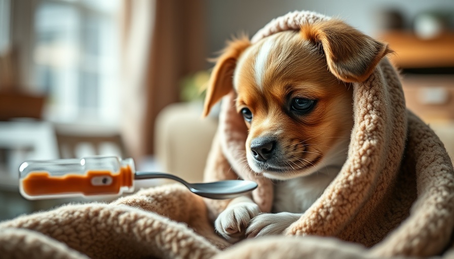 Dog observing cough medicine being poured into spoon, cozy setting.