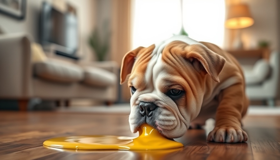 Dog vomiting yellow bile on a wooden floor.