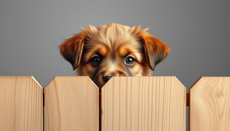 Cute puppy wondering about Tums for Dogs behind wooden fence.