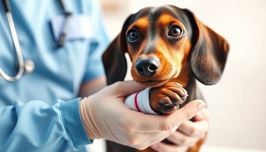 Dog Sprained Leg Care Guide: Dachshund with bandaged paw.