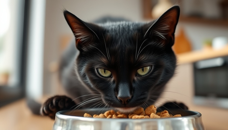 Black cat eating best dry cat food from a metal bowl.