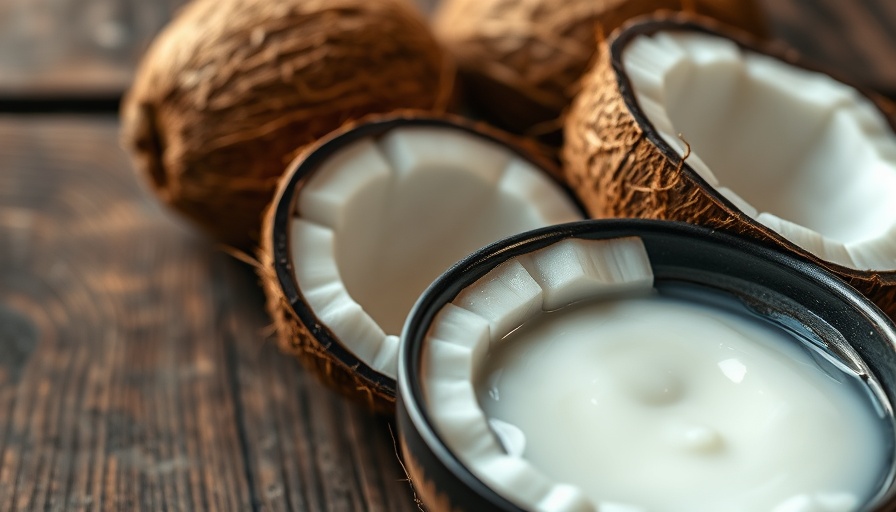Coconut oil for dogs next to fresh coconut on wood.
