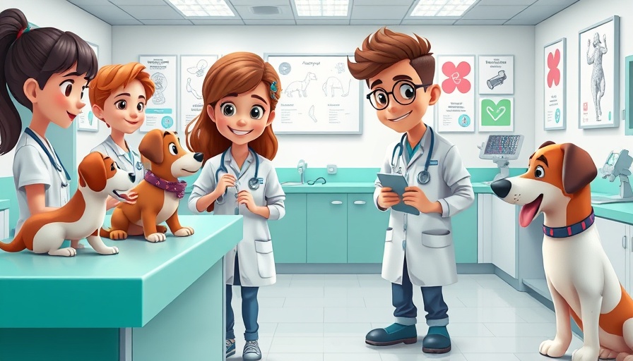 Veterinary clinic scene with vets and dogs, discussing pet health costs and common issues.