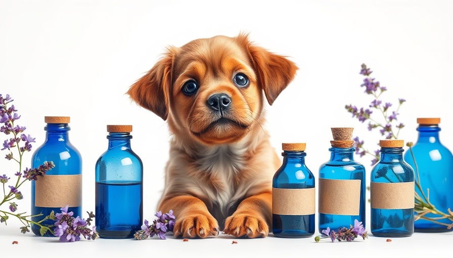 Natural remedies for dog's chronic bladder infections with a brown dog and herbal bottles.