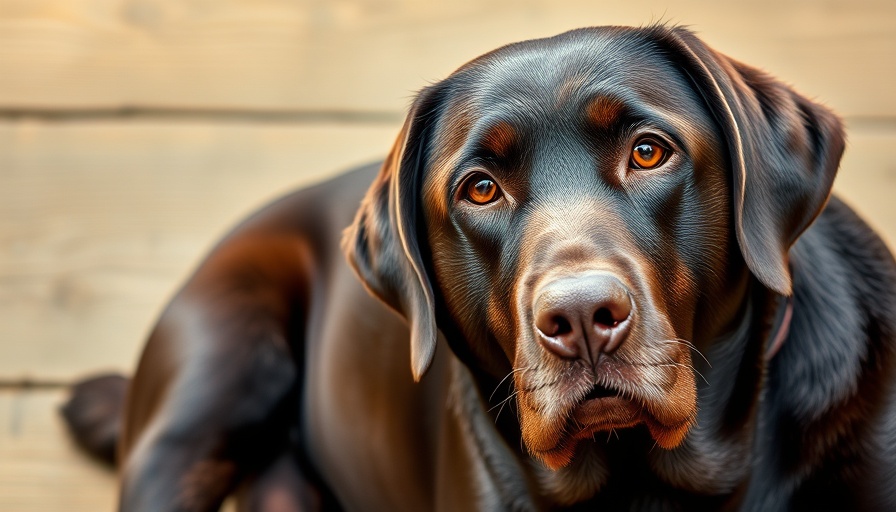 Older Labrador Retriever resting outside showing signs of aging.