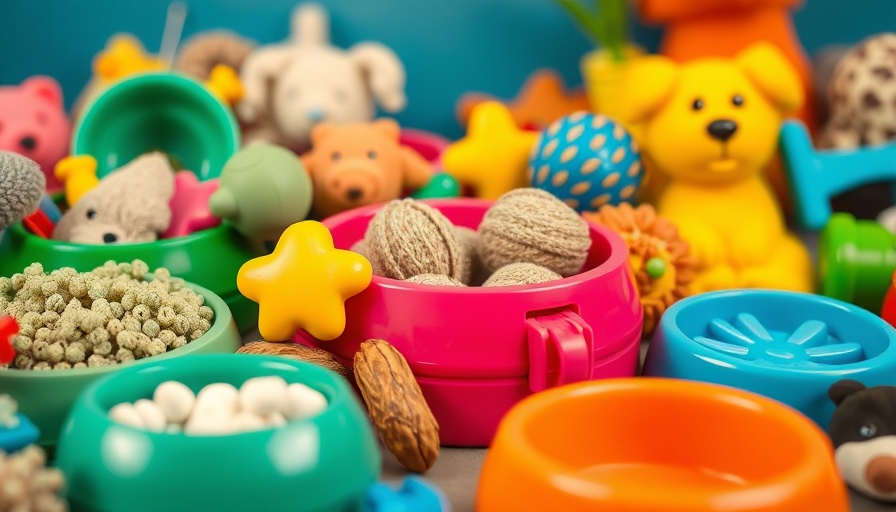Colorful pet toys and bowls highlighting microplastics and pet safety.