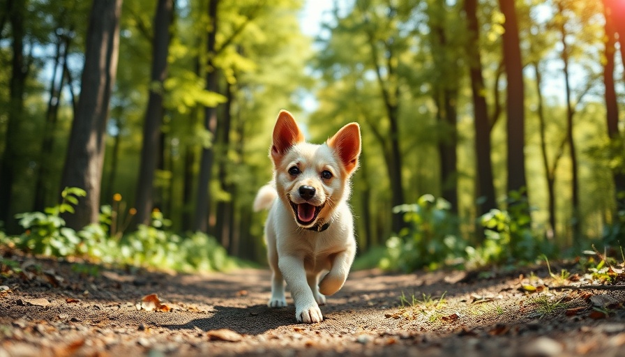 Dog exercising after surgery in a sunny forest walk.