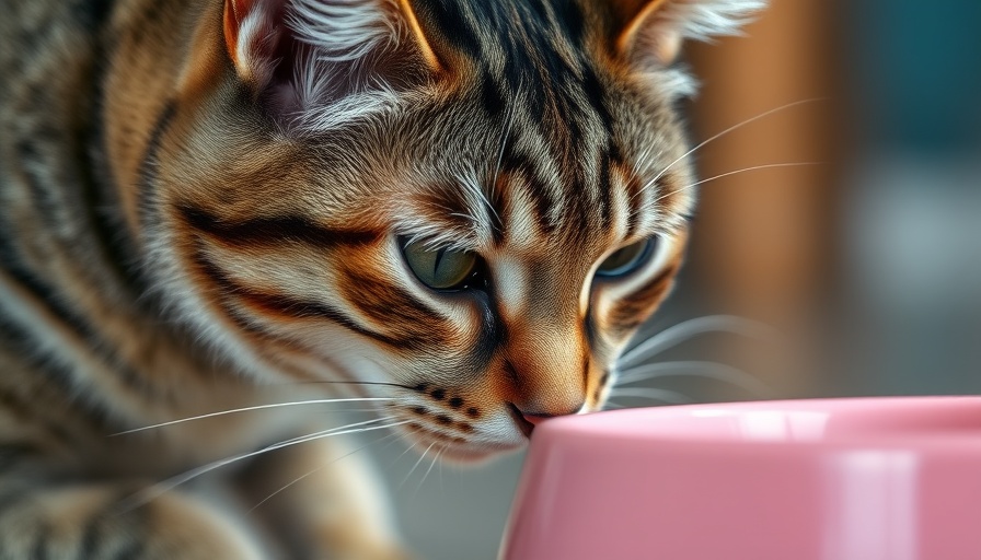 Tabby cat staring at pink bowl, showing loss of appetite.