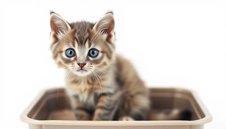Adorable gray kitten sitting in litter box for training.