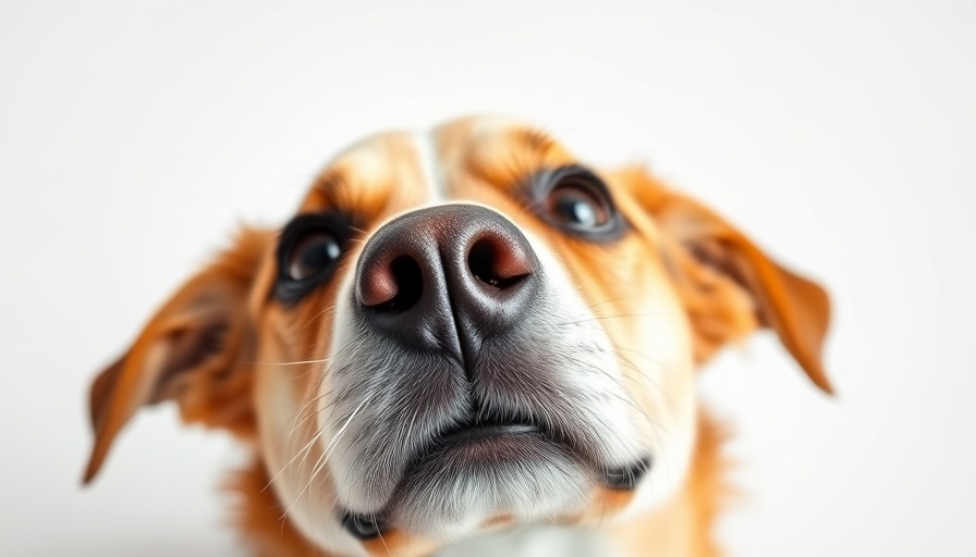 Close-up of dog's curious face looking up.
