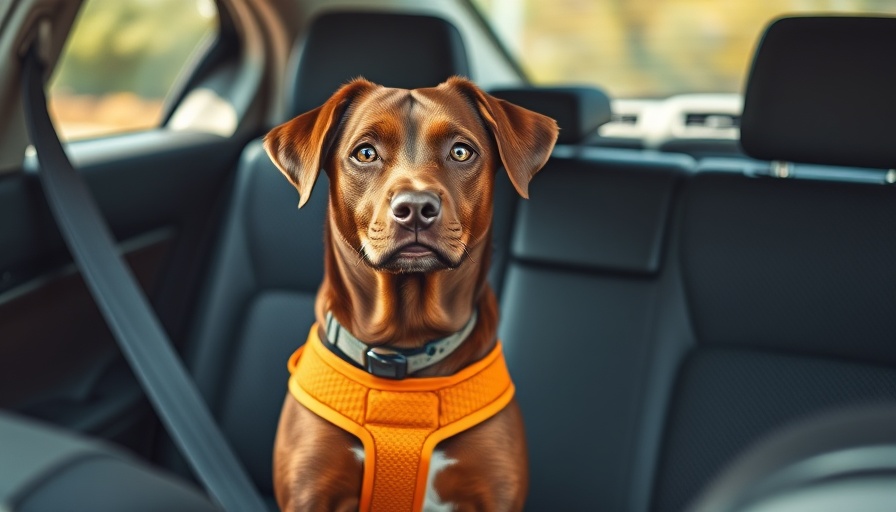 Dog securely seated in car wearing harness, transporting your dog safely.