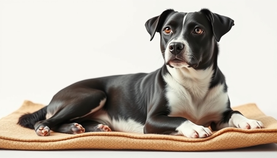 Calm black and white dog on a beige mat, emergency transport scenario.