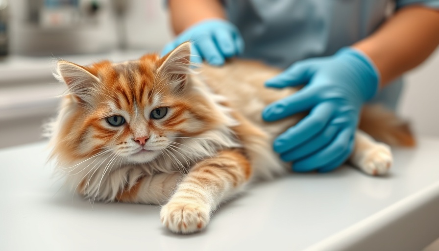 Fluffy cat being examined at veterinary practice.