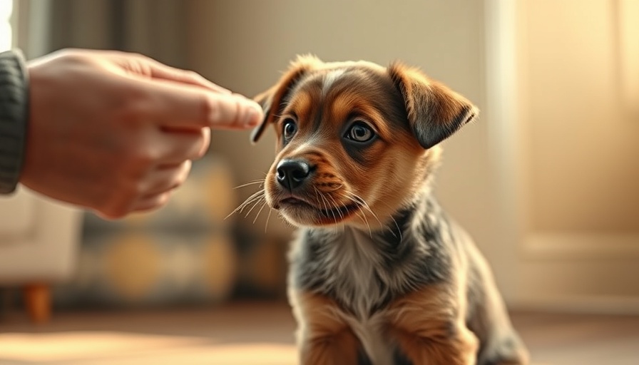 Adorable puppy receiving training command in warm, softly lit room.