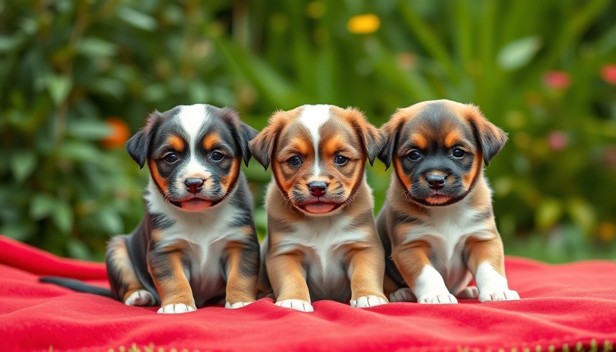 Adorable puppies sitting on a red blanket in a garden, Expecting Puppies.