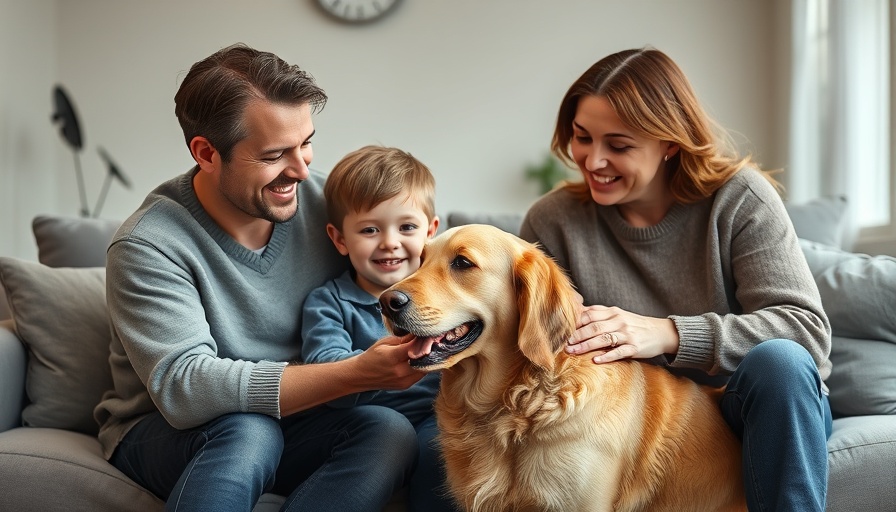 Bustling Pet Care Myths: Family with pet golden retriever.