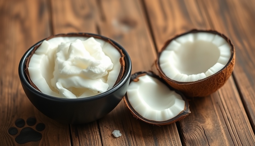 Coconut oil and coconut on wood illustrating coconut oil benefits for dogs.