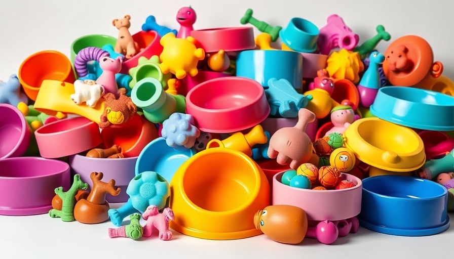 Colorful pet toys and bowls highlighting potential pet poisoning from plastics.