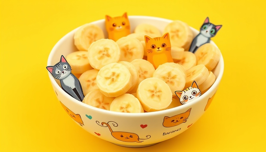 Bright image of bananas and playful cats promoting pet health.