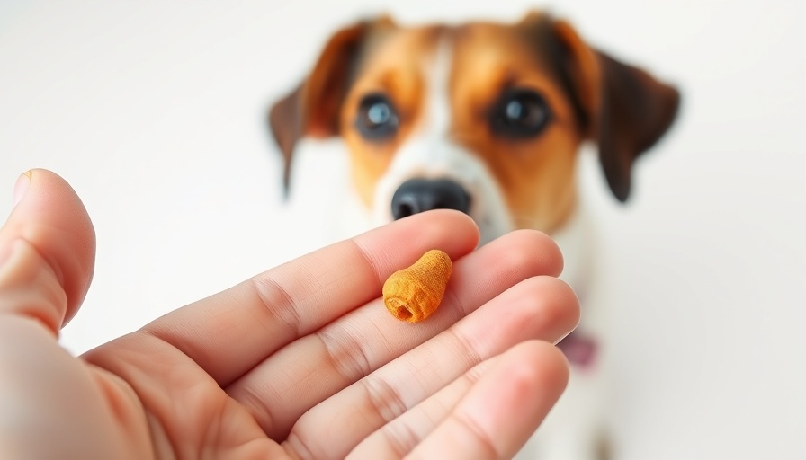 Heartworm preventive chewable held in hand with dog in background.