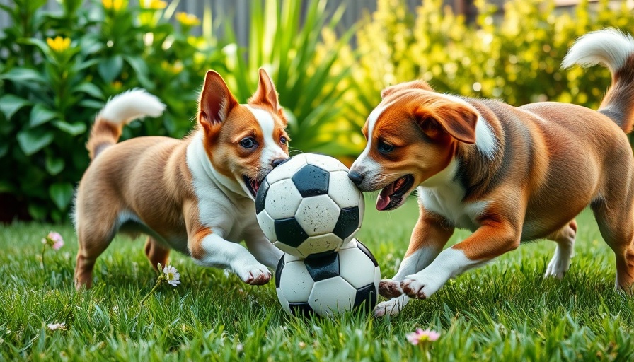 Two dogs playing with a ball in a dog-friendly backyard.