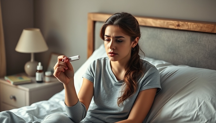 Concerned woman with thermometer in bed, considering health.