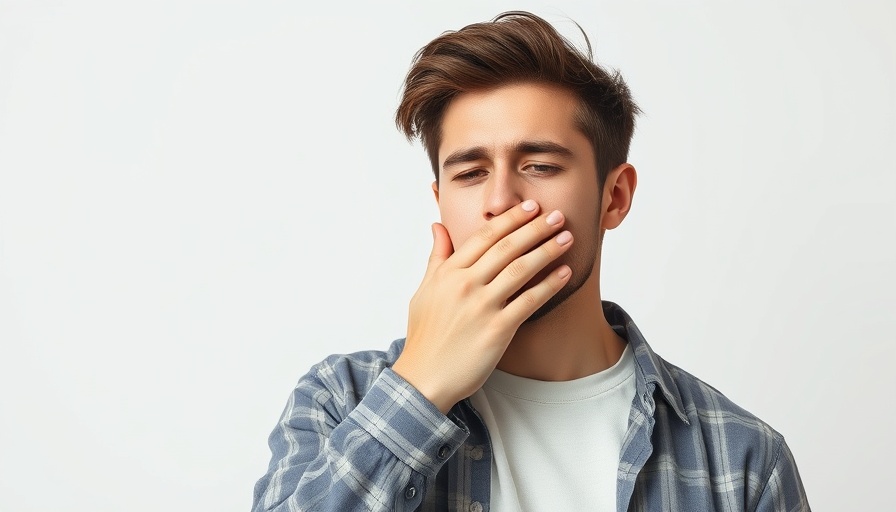 Casual man coughing with hand over mouth against plain background
