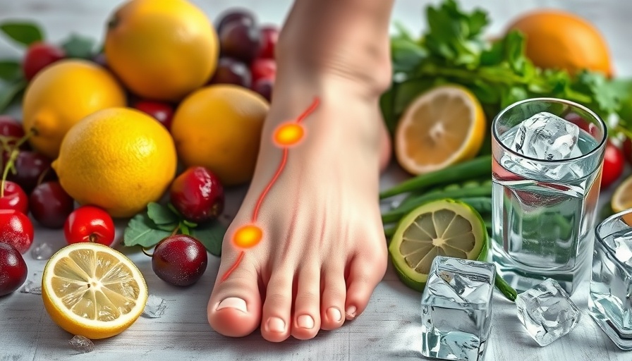 Foot anatomy illustration surrounded by fruits and healthy foods