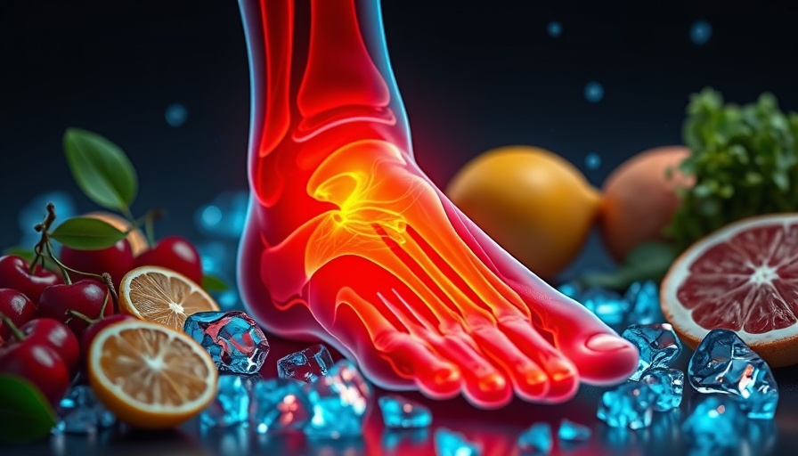 Digital illustration of inflamed foot with healthy foods surrounding.