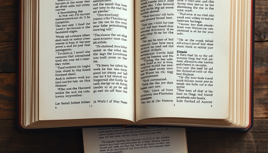 Open book pages overlapping in natural light, detailed text.